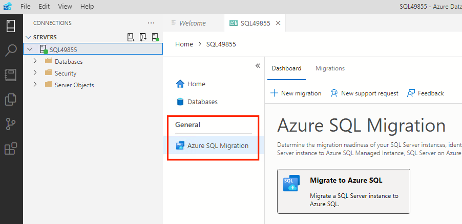 Снимок экрана: меню сервера Azure Data Studio.