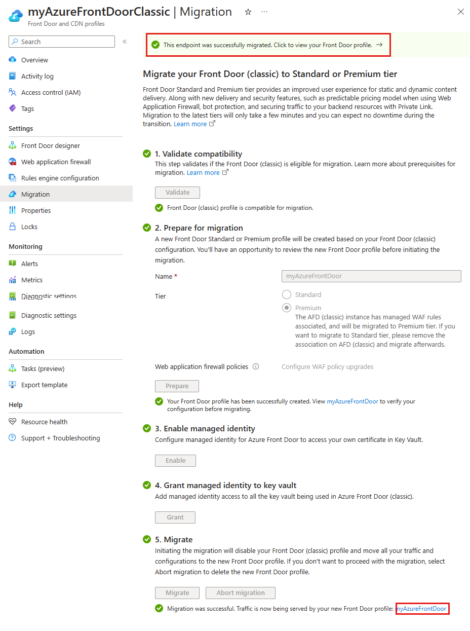 Снимок экрана: успешная миграция Front Door.
