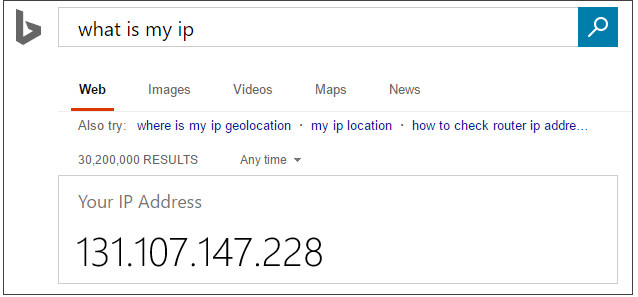 Bing ищет то, что такое мой IP-адрес.