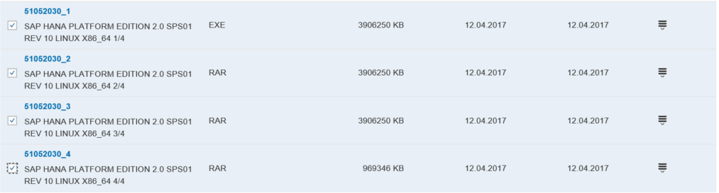 Снимок экрана: файлы установки HANA, которые нужно загрузить.
