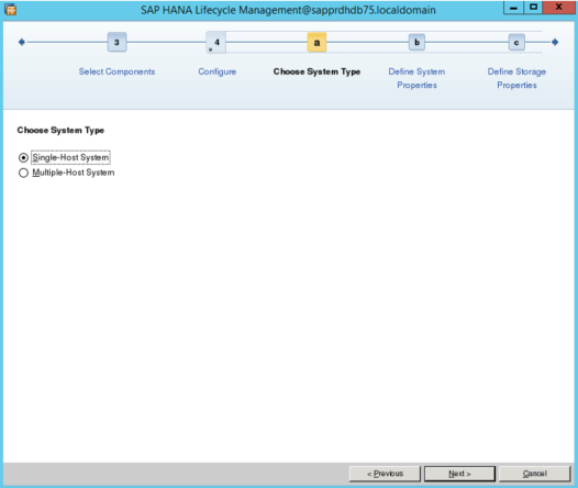 Снимок экрана: экран управления жизненным циклом SAP HANA с выбранным пунктом Single-Host System (Система с одним узлом).