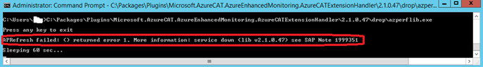 Выполнение файла azperflib.exe, в результате которого указано, что служба расширения Azure для SAP не запущена