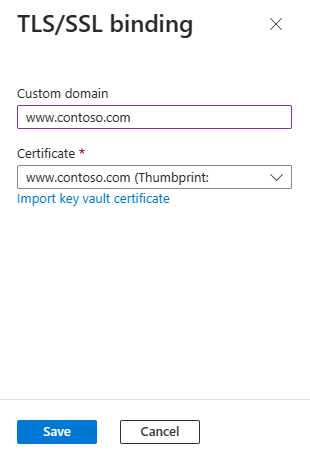 Снимок экрана: портал Azure, на котором показана область привязки TLS/SSL.