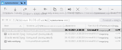 Screenshot that shows how to view blobs within a container in Microsoft Azure Storage Explorer