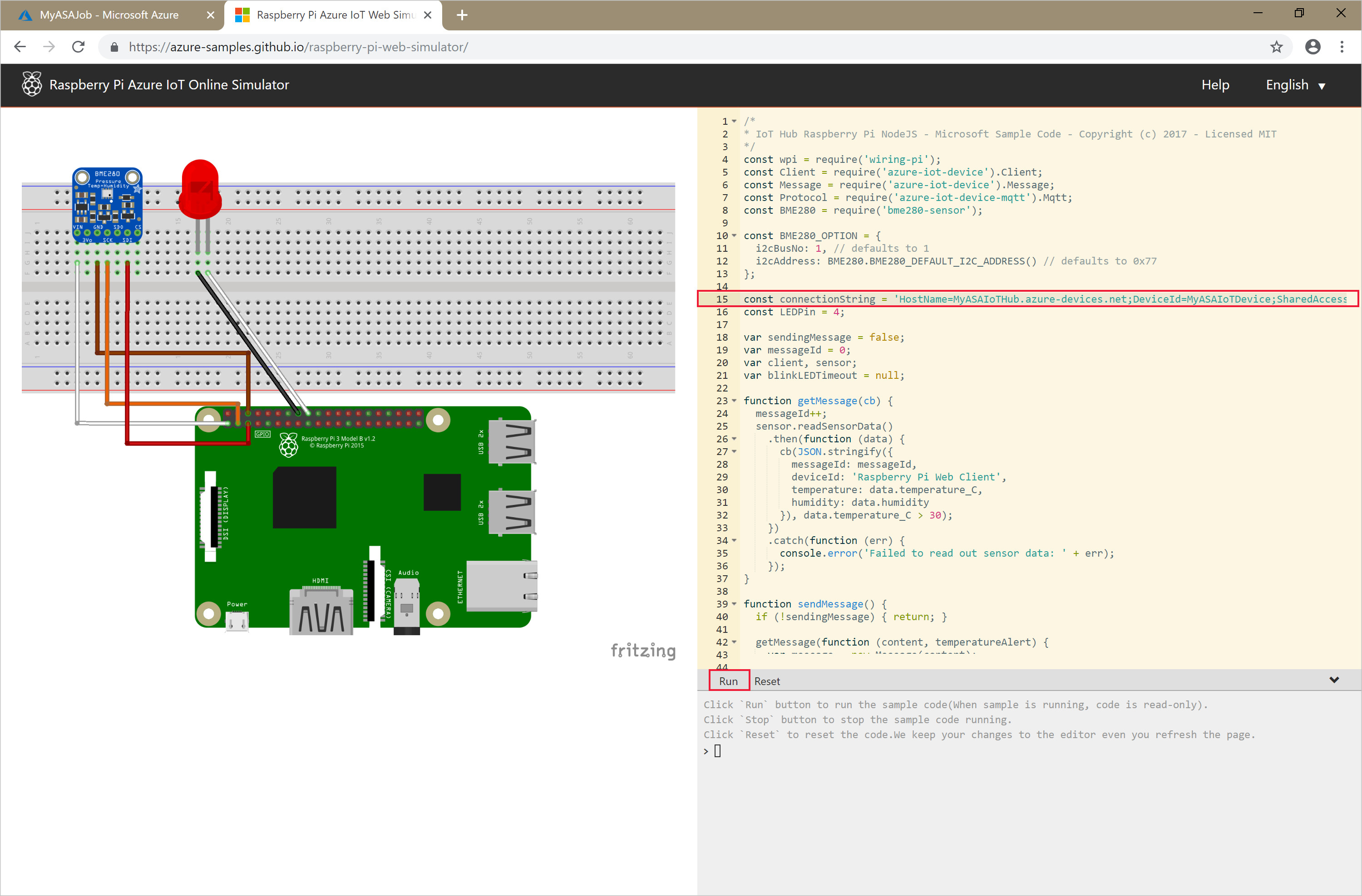 Снимок экрана: симулятор Интернета вещей Azure Raspberry Pi.