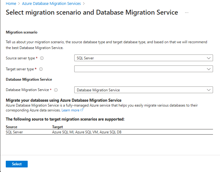 Снимок экрана: сценарии миграции Database Migration Service.