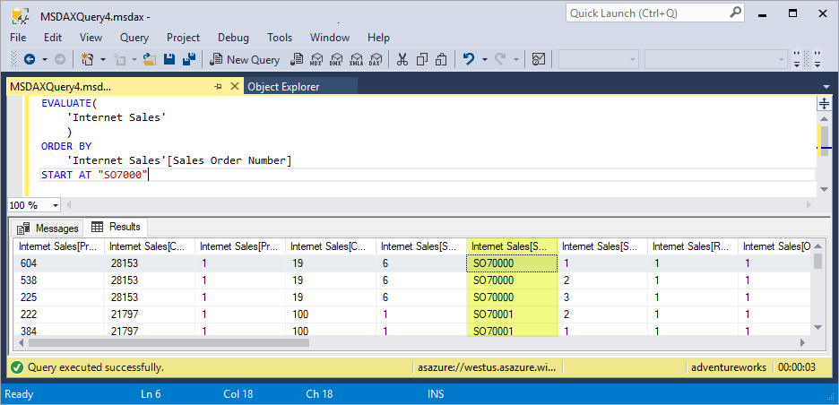 Инструкция DAX Evaluate order by Sales order number