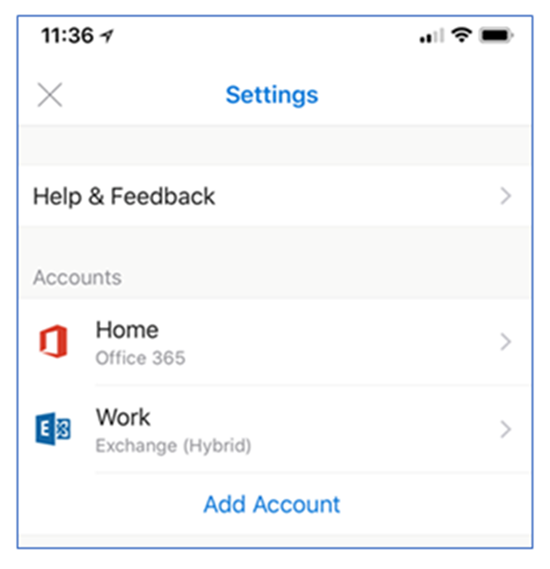 Пример учетной записи Outlook для iOS и Android, настроенной для гибридной современной проверки подлинности.