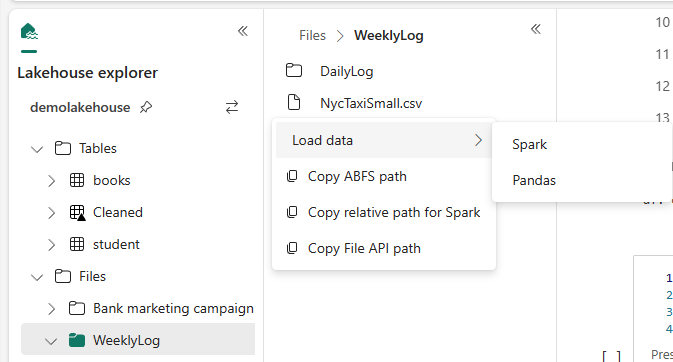 Снимок экрана: контекстное меню файлов в Lakehouse.