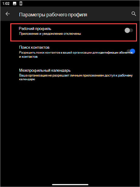 Снимок экрана: переключатель рабочего профиля, отключенный в параметрах устройства Surface Duo.