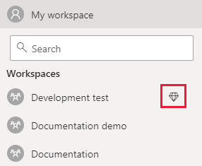 Снимок экрана: служба Power BI. В списке рабочих областей алмаз отображается рядом с именем рабочей области, которая имеет емкость, назначенную ей.