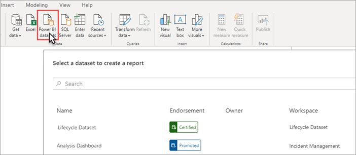 Снимок экрана: Power BI Desktop, семантические модели Power BI выделены на ленте. Диалоговое окно выбора семантической модели находится в главной области. 