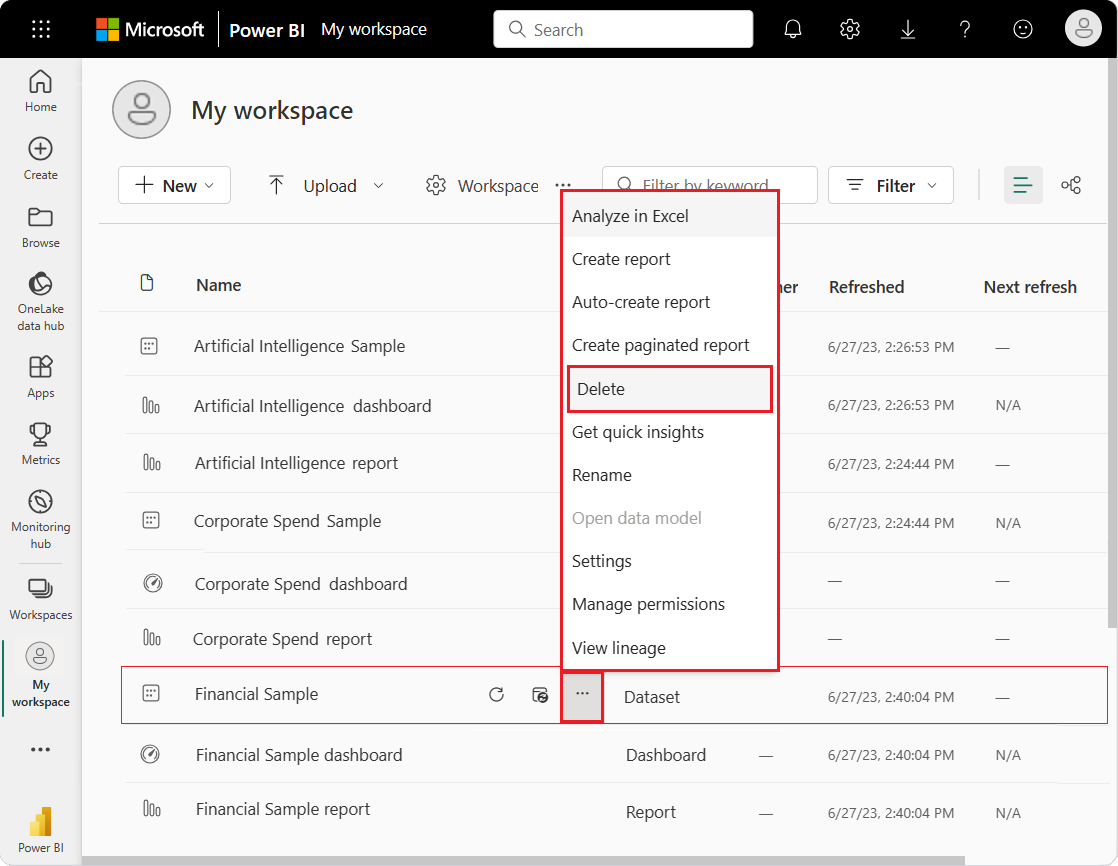 Screenshot that shows how to delete a semantic model in My workspace.