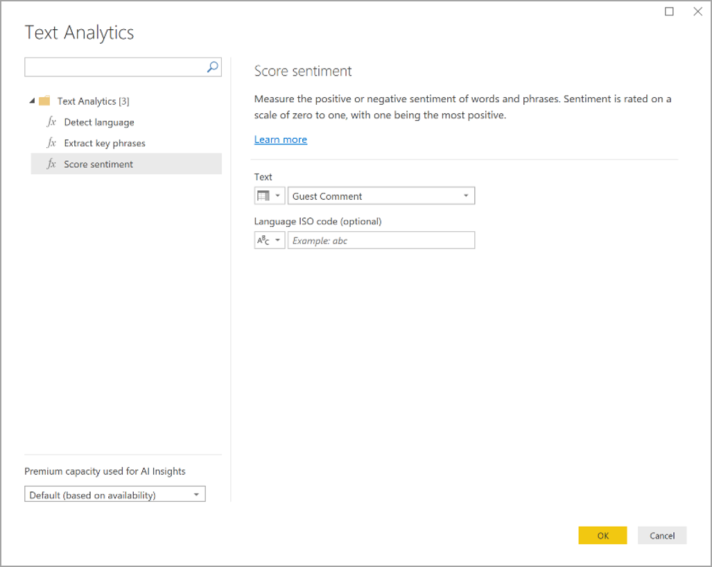 Screenshot of the Text analytics dialog box showing the Score sentiment function.