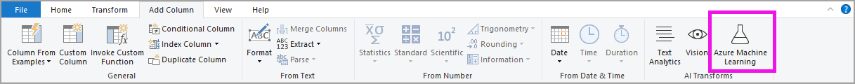 Screenshot shows the Azure Machine Learning button in the Power Query Editor.