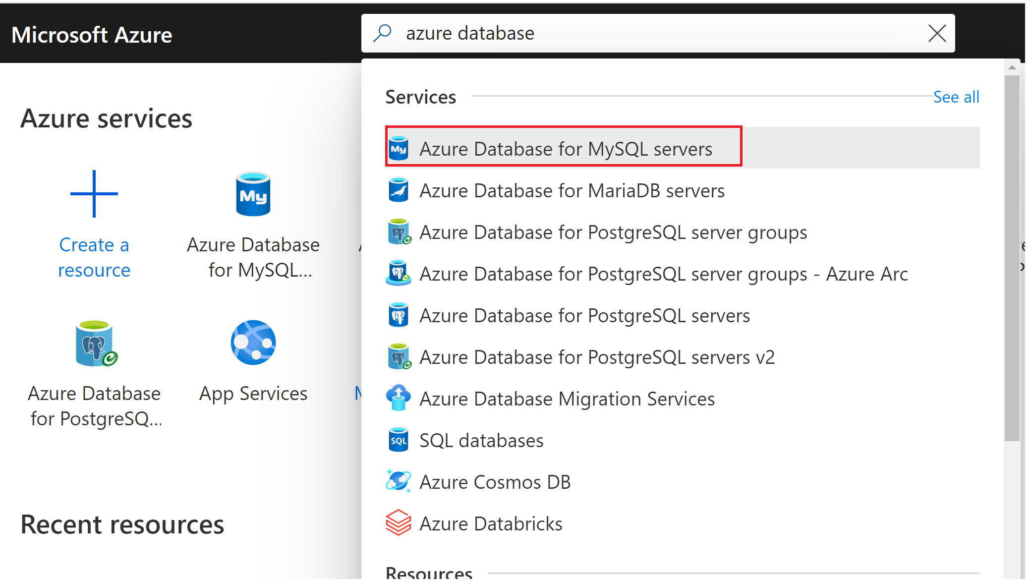 Поиск Базы данных Azure для MySQL