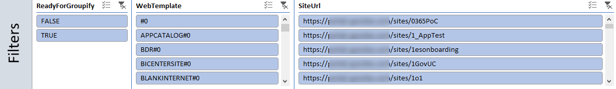 Срезы отчета о готовности к подключению групп SharePoint