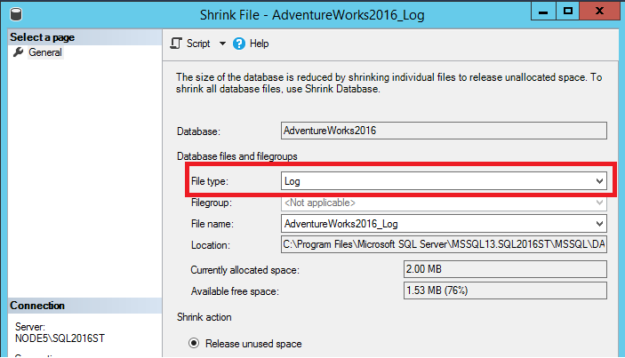 Shrink transaction log